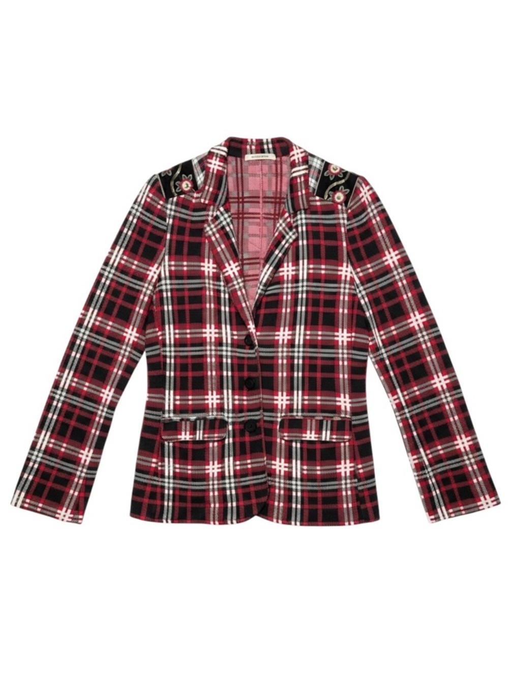 Aldomartins Plaid Knit Blazer Floral Embroidery Size 10 Red Black Wool Bamboo